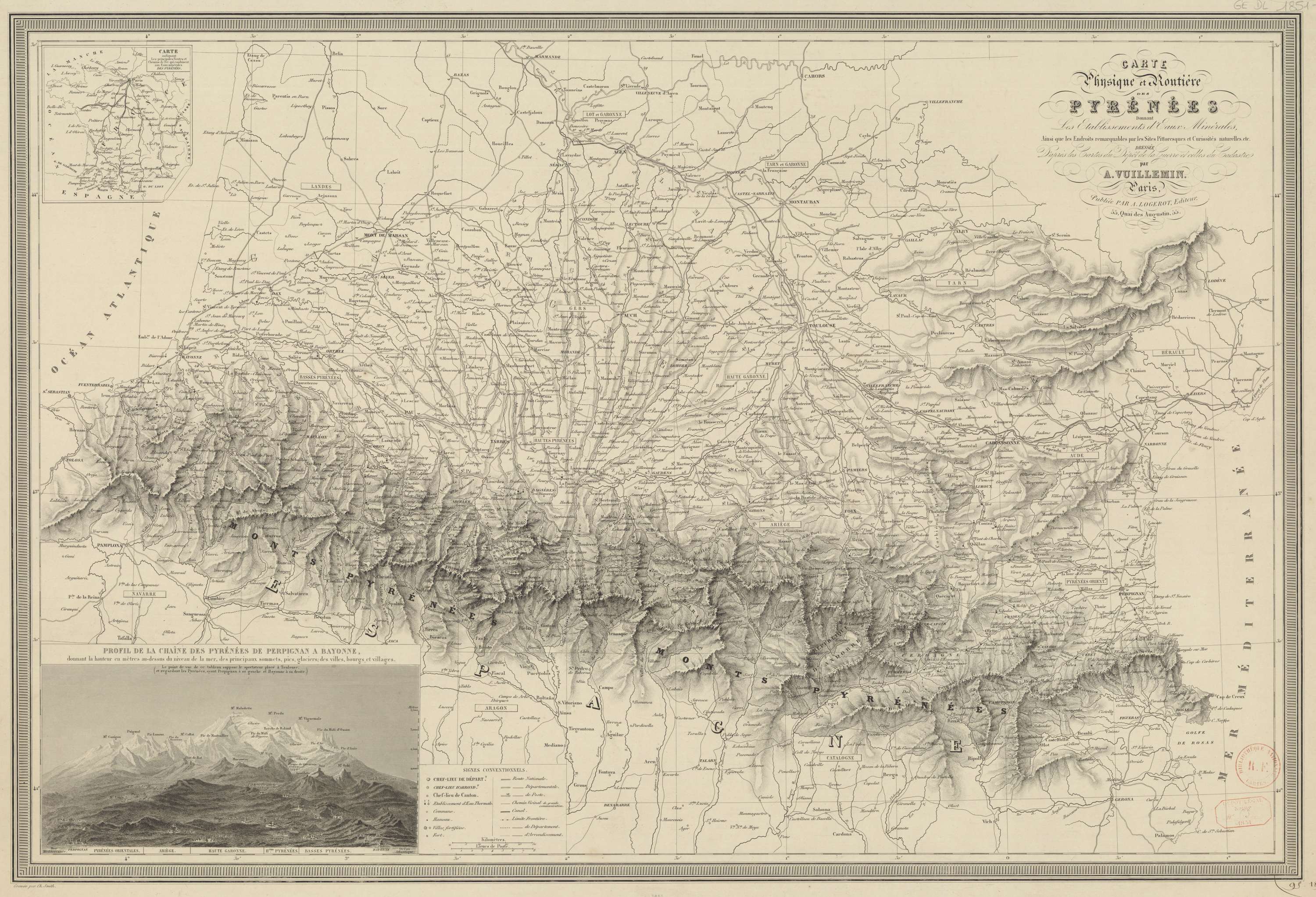 Carte physique et routière des Pyrénées